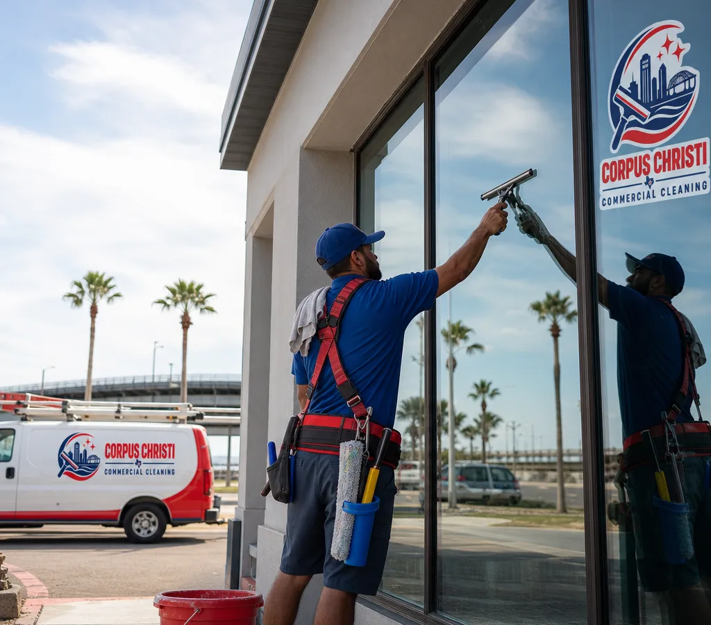 Technician cleaning large commercial storefront windows in Corpus Christi with a squeegee and safety gear
